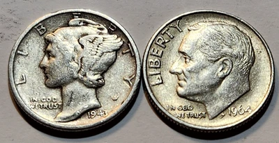 (2) 1943 P Mercury & 1964 P Roosevelt Dime 10c 90% Silver (MD4) - Image 1 of 2