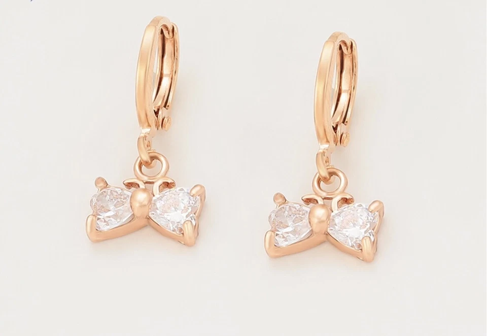 Pendientes colgantes/gotas pequeños de oro rosa con lazo ligero y respaldo Foto 1 de 3