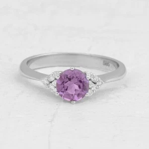 Sterling Silver Natural Amethyst Diamonds Solitaire Women Engagement Ring - Picture 1 of 2