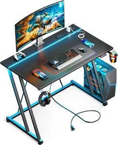 Gaming Desk LED Lights & Power Outlet Computer 31.5inch Small Space Carbon Fiber - Picture 1 of 6