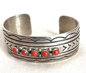 Delbert Delgarito Navajo Handmade Wide Sterling Silver Coral Cuff Bracelet - Picture 1 of 5