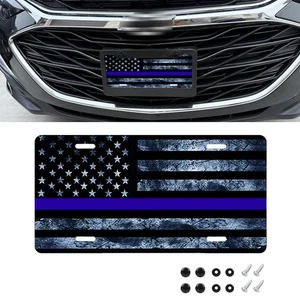 Distressed American Front Flag License Plate Patriotic Universal Fit Blue Line - Picture 1 of 14
