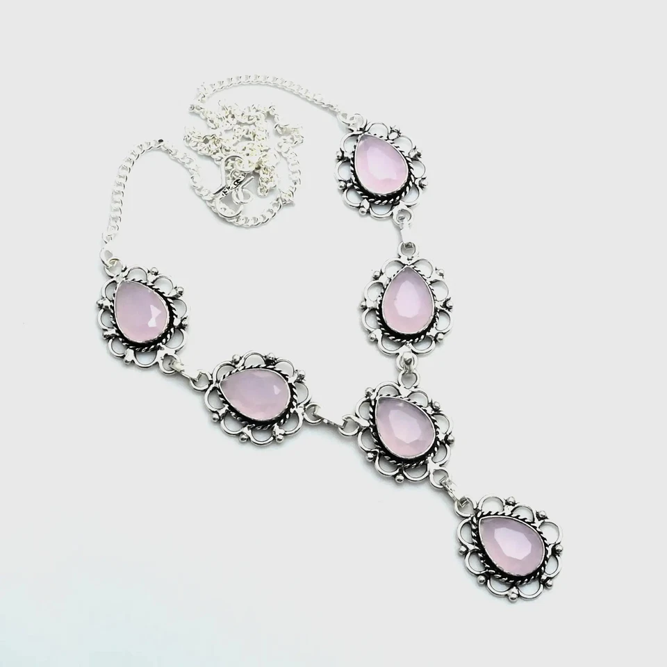 Collar étnico hecho a mano de piedras preciosas calcedonia rosa joyería regalo 29 gms AN 15032 Foto 1 de 1