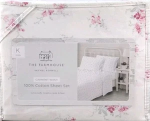 Shabby Chic Farmhouse by Rachel Ashwell, White, Pink Floral KING Sheet Set - Picture 1 of 8