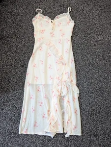 Floral Dress Size Medium Yellow Ruffles Slip Side Slit Midi Fairy Coquette - Picture 1 of 6