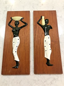 Pair Mid Century Modern Teak Peter Muller SGRAFO 3D Porcelain W. Germany Plaques - Picture 1 of 24