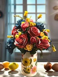 Salmon Pink Rose Blue Floral Arrangement In Floral Vase 15” - Picture 1 of 4