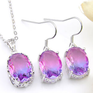 2 pcs 1 Lot Purple Bi Colored Tourmaline Gemstone Silver Pendant Earrings Set