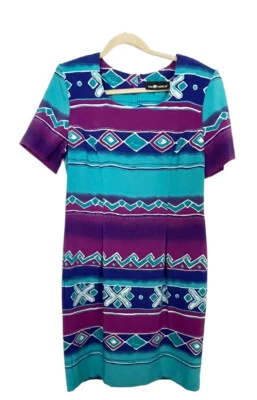Vestido para mujer Sag Habour estampado azteca aline manga corta púrpura verde azulado talla 12 Foto 1 de 4