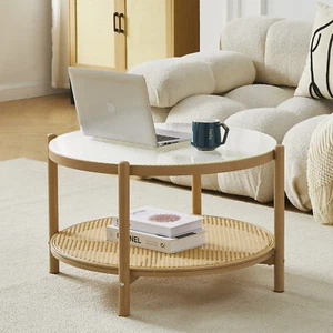27.5" Modern Round Rattan Coffee Table Glass Metal 2-Tier Side Table Living Room - Picture 1 of 22