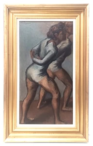 FIGURINA MOSES SOYER ELENCATA AMERICANA WPA FIRMATA OLIO ORIGINALE su MASONITE DUE DONNE - Foto 1 di 8