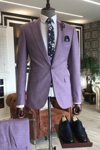 Tuta uomo 3 pezzi viola pizzo bavero formale sposo ballo festa smoking matrimonio personalizzato - Foto 1 di 7