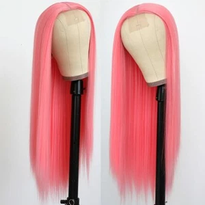 Long Straight Pink Heat Resistant Lace Front Wigs Synthetic Soft Hair Natural - Picture 1 of 5