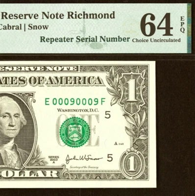 2003A $1 Federal Reserve Note PMG 64EPQ fancy repeater serial number 00090009 - Image 1 of 3