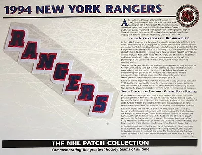 1994 NEW YORK RANGERS ~ WILLABEE & WARD ~ NHL THROWBACK HOCKEY PATCH & INFO CARD - Image 1 of 2