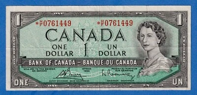 Canada $1 1954 BC-37cA / P-75c REPLACEMENT NOTE (Circulated) *H/F 0761449 - Image 1 of 3