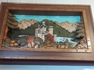 German Black Forest Nueschwanstein Castle Wood Carving Painting Wall Art  - Image 1 of 3