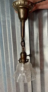 Antique Victorian Brass Pendant Light Fixture Etched Ruffled rare globe - Picture 1 of 9