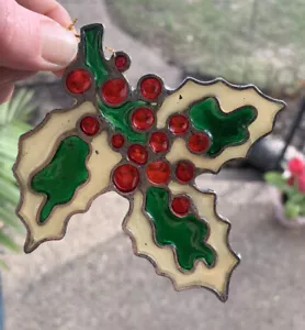vtg-Stained Glass Holly Leaves and Berries - Picture 1 of 2