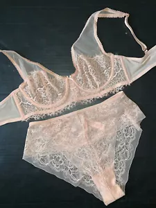 Victoria's Secret unlined 34C,34D,34DD BRA SET S high-waist panty BEIGE lace - Picture 1 of 5