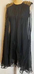 Dress The Population Cindy Dress Blk W/ Gold Spike Shoulders Sheer Overlay NWT S