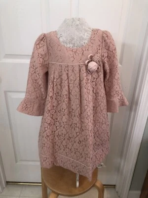 Laura Ashley London Girl’s Sz6X Dress Easter Rose Gold 3/4 Sleeve Button Rosette - Image 1 of 4