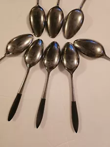 Vintage Epic Teaspoons Set Eight Forged Stainless Japan Wood Handle Canoe MCM - Picture 1 of 7