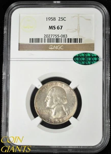 1958 Washington Quarter Dollar NGC MS 67 CAC GEM BU Uncirculated 25c High Grade - Picture 1 of 4