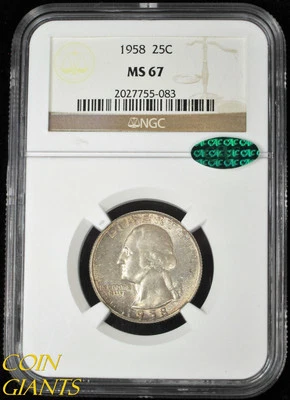1958 Washington Quarter Dollar NGC MS 67 CAC GEM BU Uncirculated 25c High Grade - Image 1 of 4