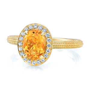 14k Yellow Gold Oval Citrine Diamond Halo Beaded Ring Solitaire Natural 1.29 TCW - Picture 1 of 3