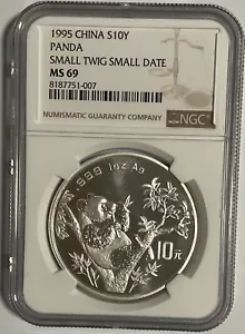 1995 China 1 oz Silver Panda Coin NGC MS69 (Small Twig Small Date, Micro Date) - Picture 1 of 3