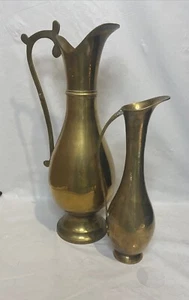 Vintage Indian Tall Solid Brass Metal Pitcher Ewer Bud Vase Oil Vessel Set Of 2 - Picture 1 of 10
