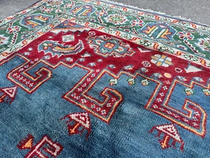 9x12 BLUE HERIZ RUG COLORFUL NEW HANDMADE ORIENTAL wool big green geometric red - Picture 1 of 18