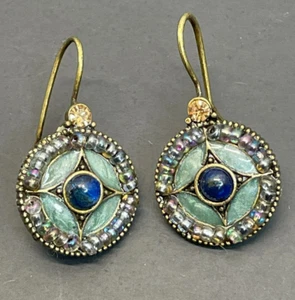 Avon Enamel Iridescent Seed Bead Antiqued Brass Dangle Earrings - Picture 1 of 4