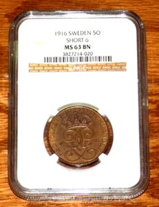 1916 NGC MS 63 SWEDEN 5 ORE Short 6 Swedish High Grade UNC Certified COIN - Picture 1 of 4