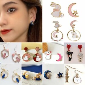 Cute Cat Moon Rabbit Animals Asymmetric Earrings Stud Hook Women Party Jewelry