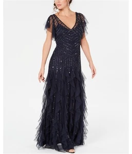 Adrianna Papell Womens Flutter Sleeve Beaded Gown Dress, navy, 12 - Picture 1 of 1