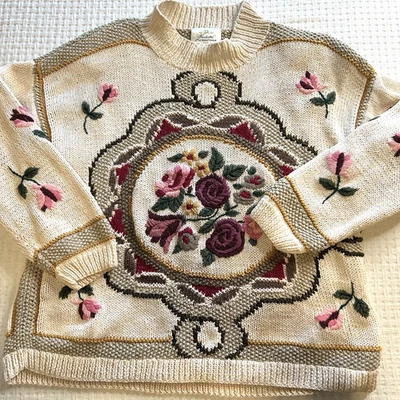 Suéter Vintage Tejido a Mano Express Internacional para Mujer Talla S Floral Abuela Cottagecore Foto 1 de 4