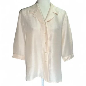 100% Silk Shirt Women Medium Peach Button Up Blouse Minimalist Quiet Luxury - Picture 1 of 11