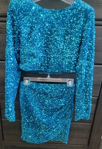 CEFIAN 2 PEZZI set paillettes blu royal, crop top manica lunga e minigonna taglia S - Foto 1 di 11