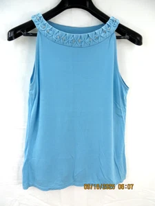 ANN TAYLOR SZ S 100% Rayon Columbia Blue Embellished Neck Tank Top Shirt - Picture 1 of 12