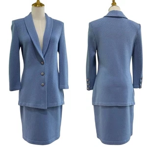 Vintage 90s St John Collection Blue Textured Wool Knit Blazer & Skirt Set Size 2 - Picture 1 of 21