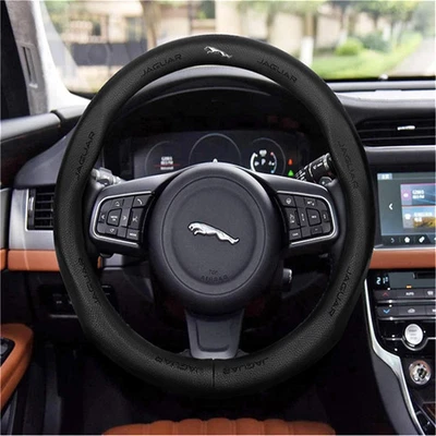 38CM Diamater Genuine Leather Pinhole Car Steering Wheel Cover For Jaguar Black - Image 1 of 3