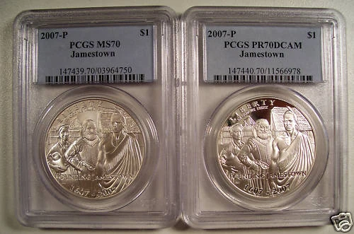 LOT OF 2 2007-P JAMESTOWN  SILVER DOLLARS PCGS PR70 DCAM & MS70 GEMS LQQK - Image 1 of 1