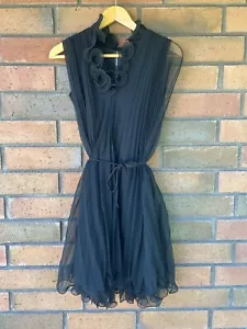 Miss Elliette Lipstick Black Sz 4 Vtg 50s 60s Pleated Chiffon Dress Lettuce Hem - Picture 1 of 8