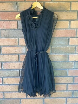 Miss Elliette Lipstick Black Sz 4 Vtg 50s 60s Pleated Chiffon Dress Lettuce Hem - Image 1 of 4