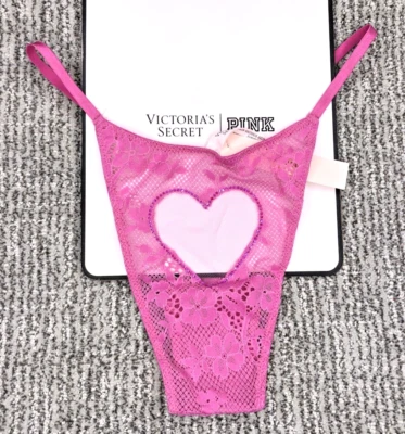 Victoria's Secret NWT XL Pink Lace Brazilian Panty Rhinestone Heart Sheer Sexy - Image 1 of 4