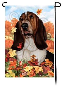 Falling Leaves Garden Flag - Tri Basset Hound - Picture 1 of 1