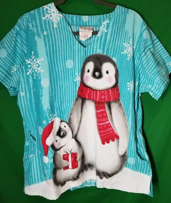 UA Scrubs Women's Teal Holiday Christmas Penguins Scrub Top Size Large Nurse - Image 1 of 4