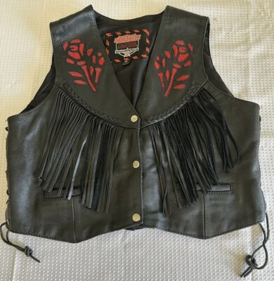 Interstate Leather Vest Fringe Lace Up Silver Accents Biker Adjustable XL Rose - Image 1 of 4